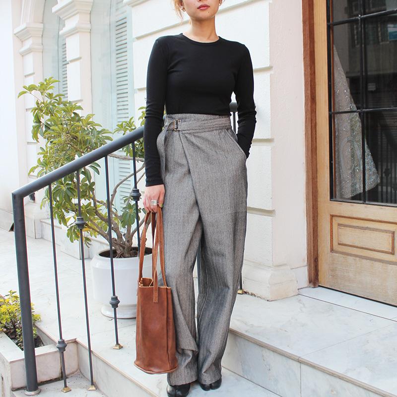 大人モード美脚パンツ◉ストレートラップパンツ　ヘリンボーングレー | 7枚目