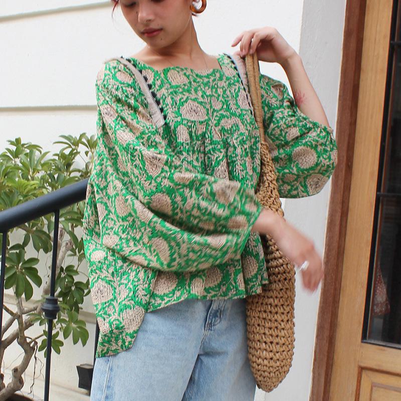 さらっと涼しい◉大人エスニックサマーブラウス　エスニックグリーン | 2枚目