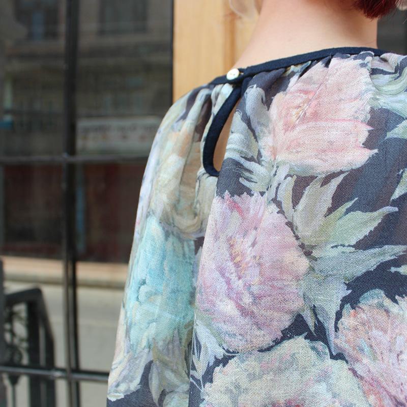 ◉真夏も涼しい◉マシュマロバルーンブラウス　ボタニカルリネン　ダークネイビー | 10枚目