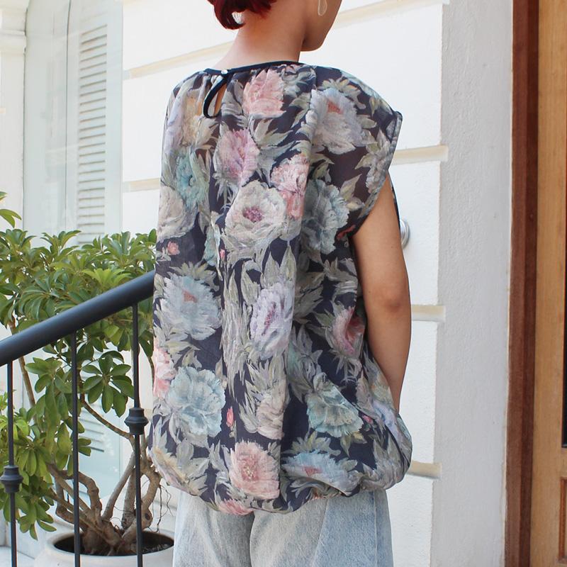 ◉真夏も涼しい◉マシュマロバルーンブラウス　ボタニカルリネン　ダークネイビー | 2枚目