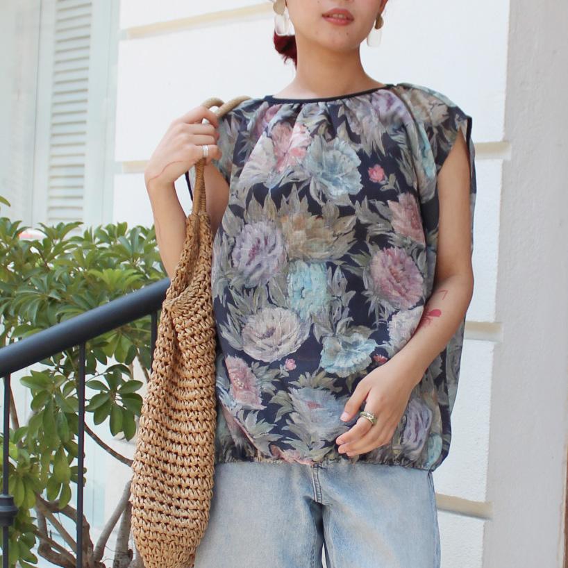 ◉真夏も涼しい◉マシュマロバルーンブラウス　ボタニカルリネン　ダークネイビー | 3枚目