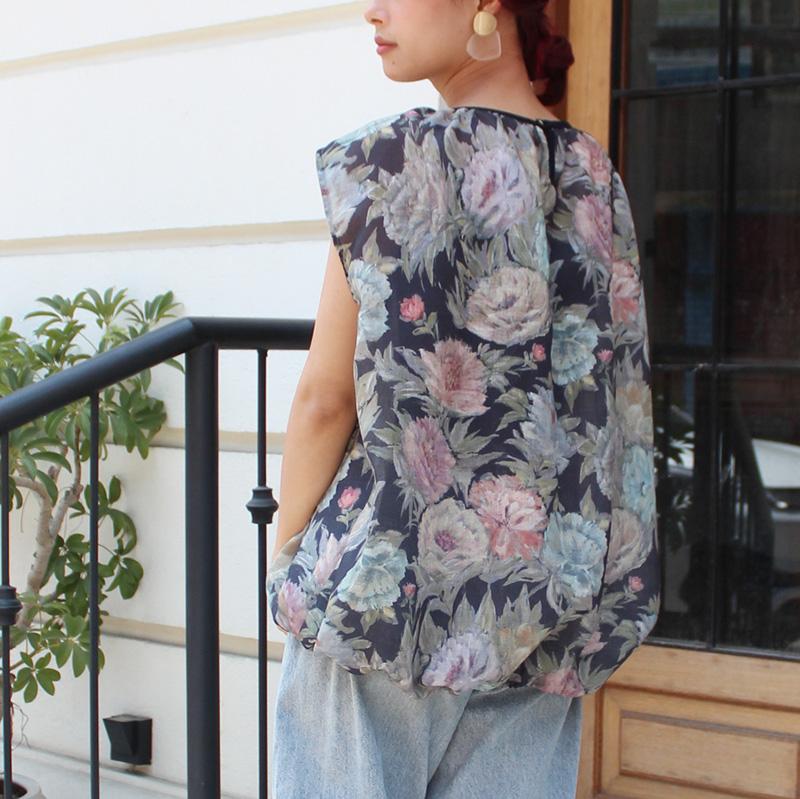 ◉真夏も涼しい◉マシュマロバルーンブラウス　ボタニカルリネン　ダークネイビー | 4枚目