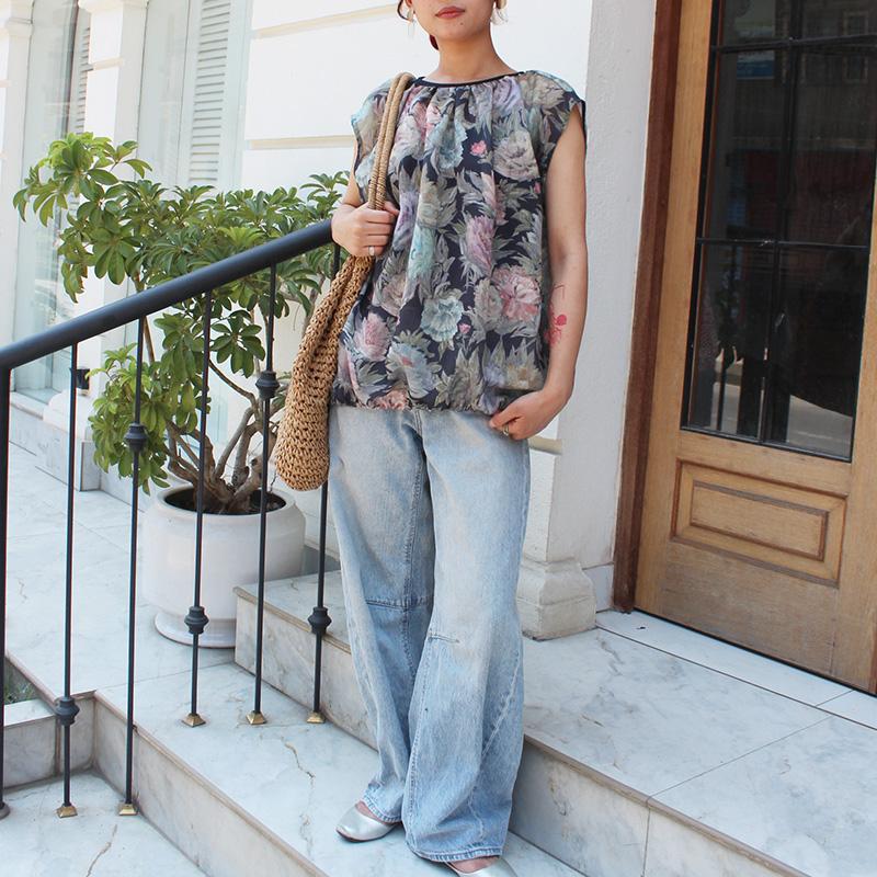 ◉真夏も涼しい◉マシュマロバルーンブラウス　ボタニカルリネン　ダークネイビー | 5枚目