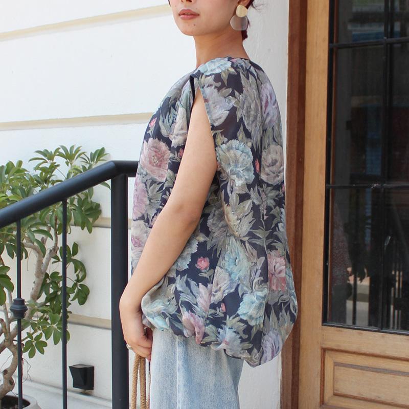 ◉真夏も涼しい◉マシュマロバルーンブラウス　ボタニカルリネン　ダークネイビー | 6枚目