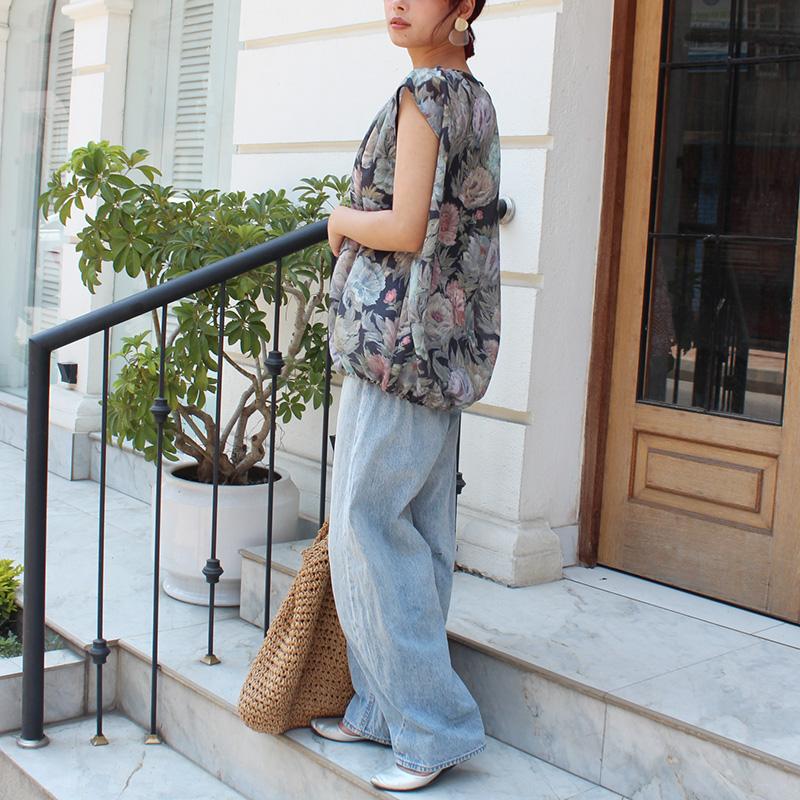 ◉真夏も涼しい◉マシュマロバルーンブラウス　ボタニカルリネン　ダークネイビー | 7枚目