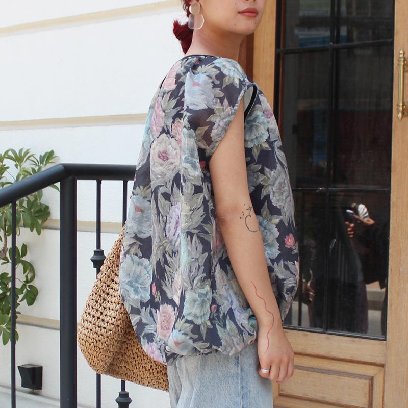 ◉真夏も涼しい◉マシュマロバルーンブラウス　ボタニカルリネン　ダークネイビー | 8枚目