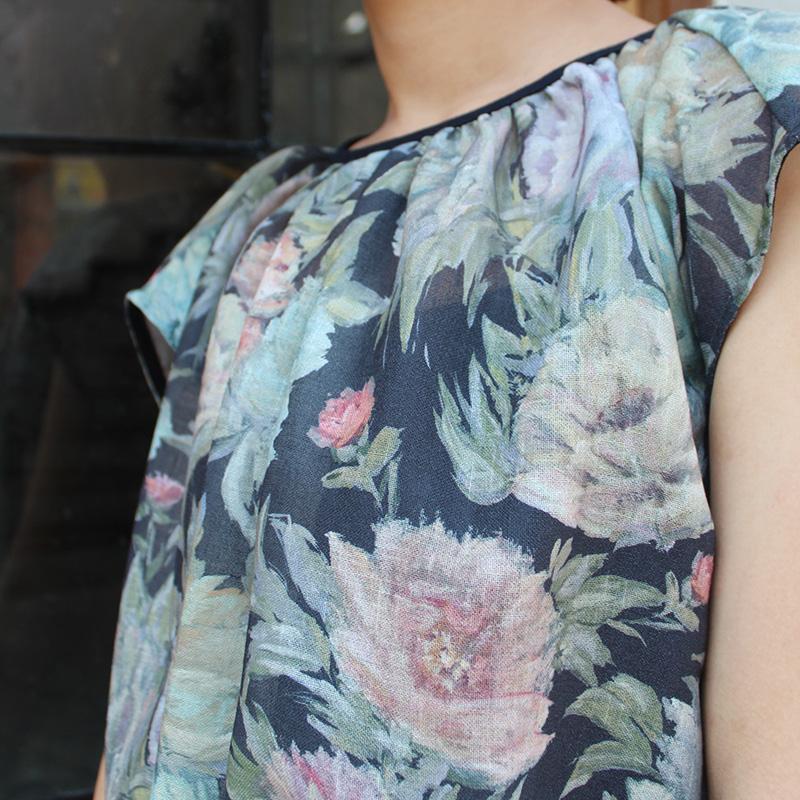 ◉真夏も涼しい◉マシュマロバルーンブラウス　ボタニカルリネン　ダークネイビー | 9枚目