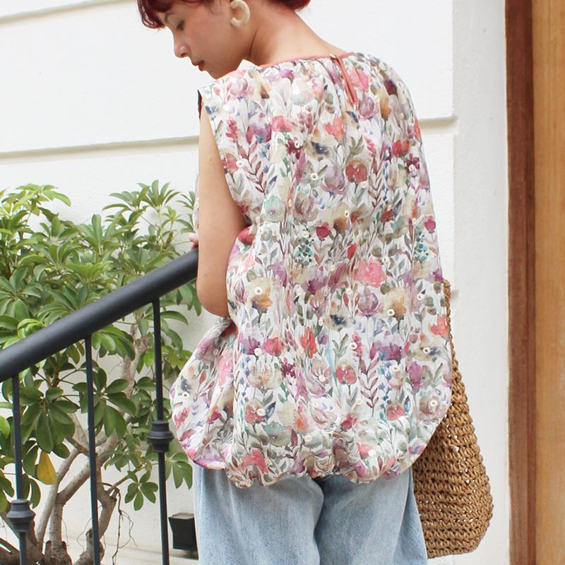 ◉真夏も涼しい◉マシュマロバルーンブラウス　ボタニカルリネン　ホワイト | 2枚目