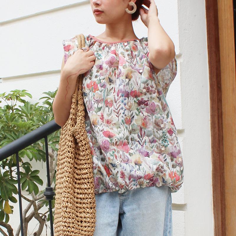 ◉真夏も涼しい◉マシュマロバルーンブラウス　ボタニカルリネン　ホワイト | 4枚目