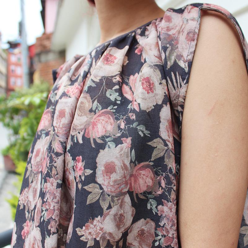 ◉真夏も涼しい◉マシュマロバルーンブラウス　ボタニカルリネン　グレーネイビー | 10枚目