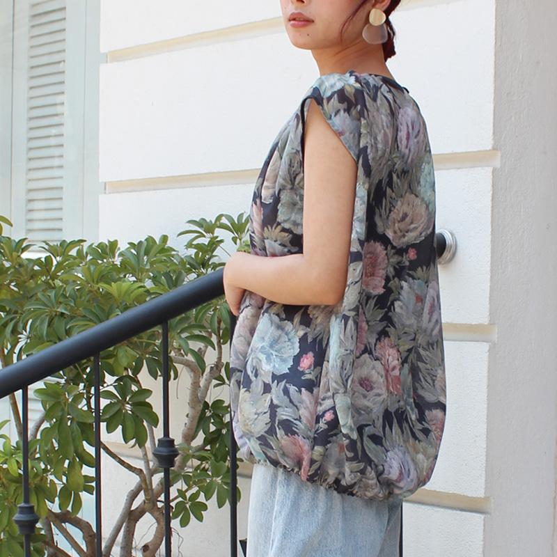 ◉真夏も涼しい◉マシュマロバルーンブラウス　ボタニカルリネン　グレーネイビー | 12枚目