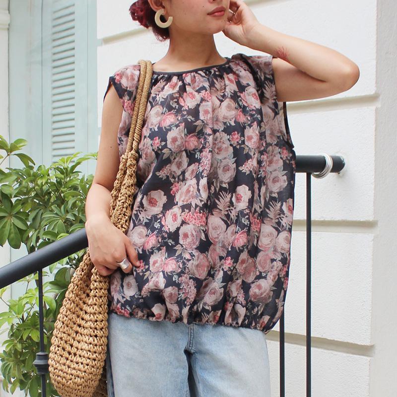 ◉真夏も涼しい◉マシュマロバルーンブラウス　ボタニカルリネン　グレーネイビー | 2枚目