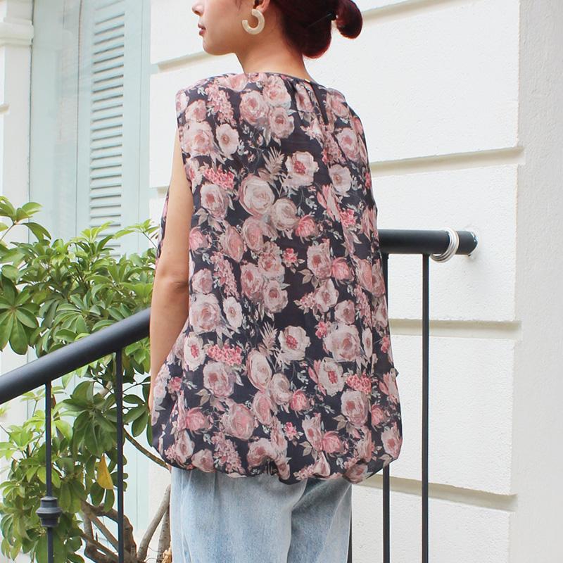 ◉真夏も涼しい◉マシュマロバルーンブラウス　ボタニカルリネン　グレーネイビー | 4枚目