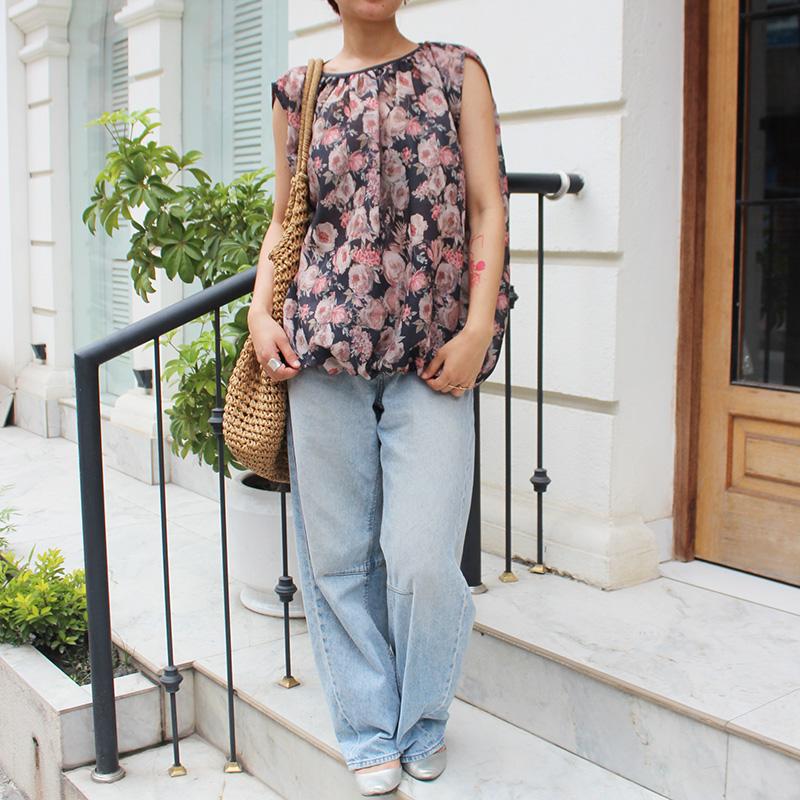 ◉真夏も涼しい◉マシュマロバルーンブラウス　ボタニカルリネン　グレーネイビー | 5枚目