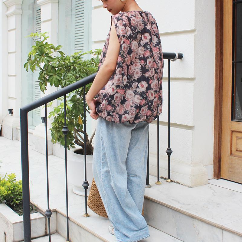 ◉真夏も涼しい◉マシュマロバルーンブラウス　ボタニカルリネン　グレーネイビー | 6枚目