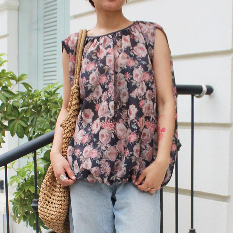 ◉真夏も涼しい◉マシュマロバルーンブラウス　ボタニカルリネン　グレーネイビー | 7枚目