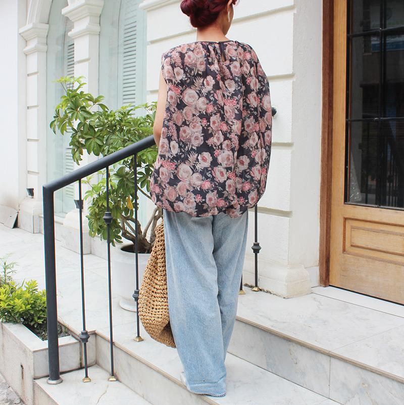 ◉真夏も涼しい◉マシュマロバルーンブラウス　ボタニカルリネン　グレーネイビー | 8枚目