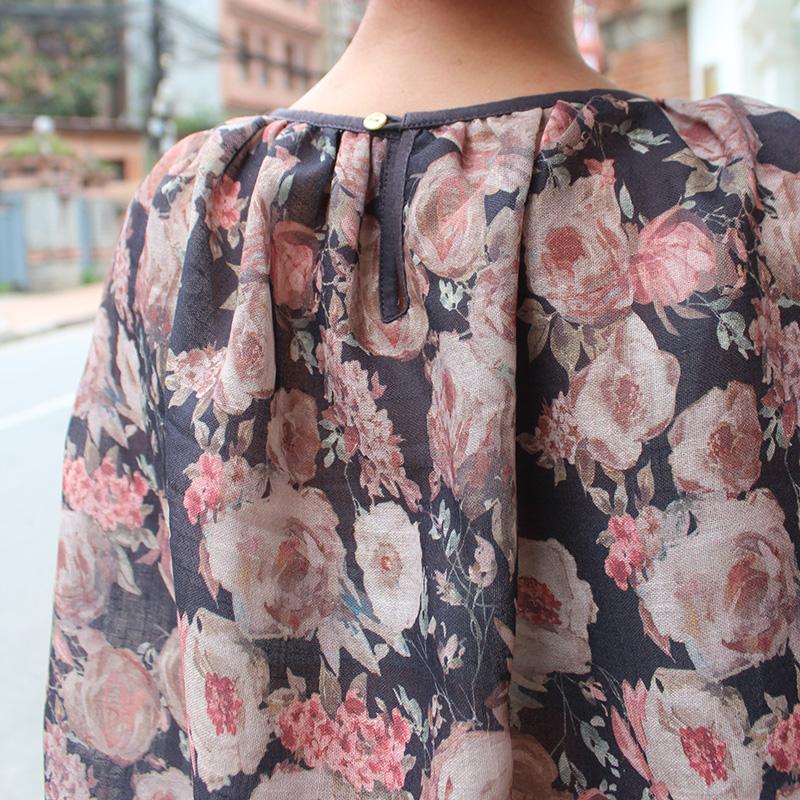 ◉真夏も涼しい◉マシュマロバルーンブラウス　ボタニカルリネン　グレーネイビー | 9枚目