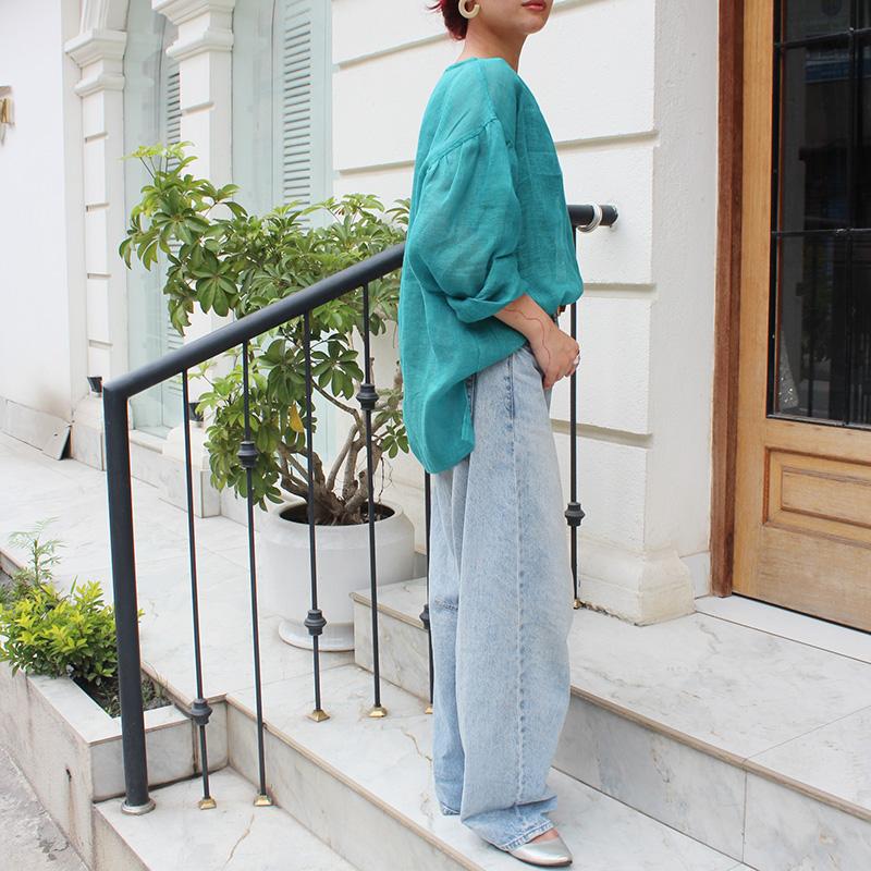 ◉季節のシフトコーデに◉ リネンガーゼ　シアーブラウス　エメラルド | 10枚目