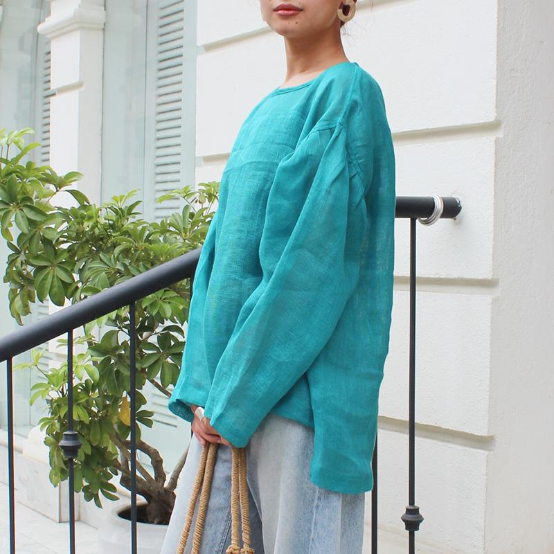 ◉季節のシフトコーデに◉ リネンガーゼ　シアーブラウス　エメラルド | 2枚目