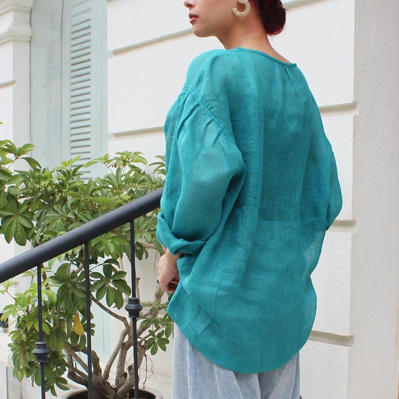 ◉季節のシフトコーデに◉ リネンガーゼ　シアーブラウス　エメラルド | 5枚目