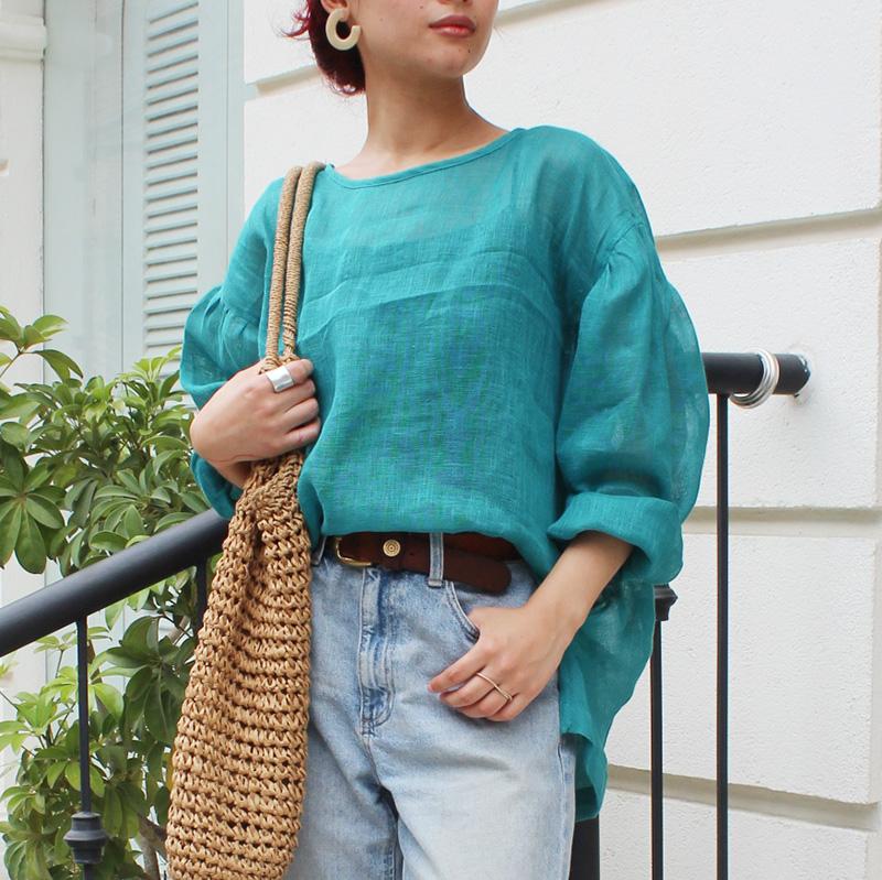 ◉季節のシフトコーデに◉ リネンガーゼ　シアーブラウス　エメラルド | 6枚目