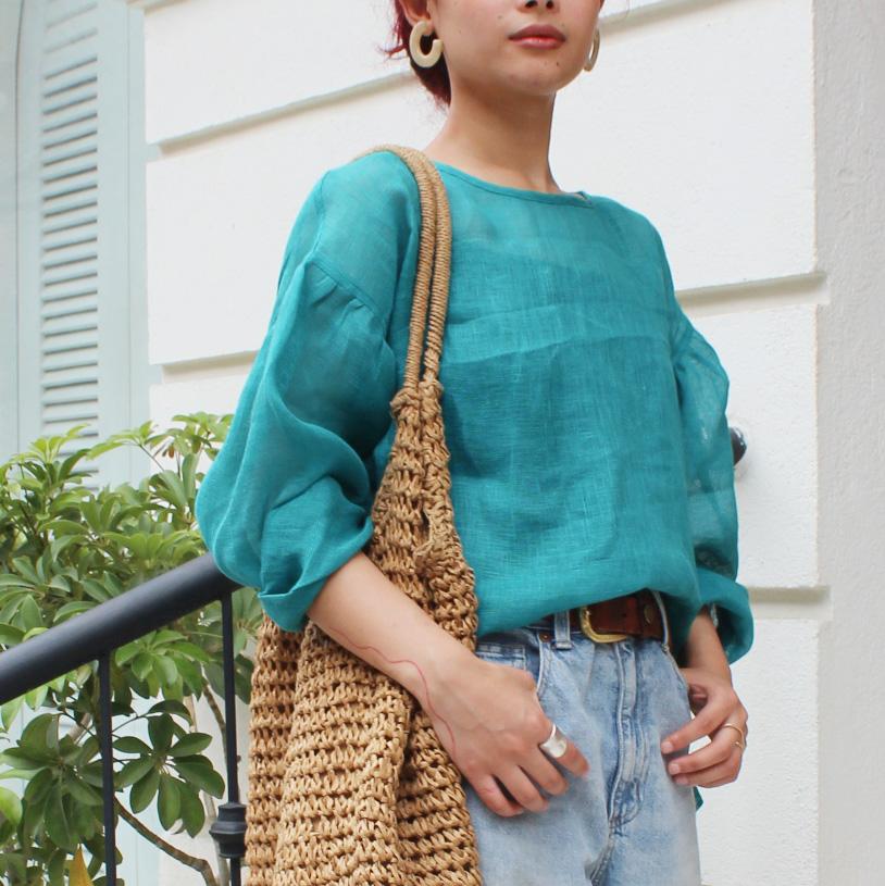 ◉季節のシフトコーデに◉ リネンガーゼ　シアーブラウス　エメラルド | 8枚目