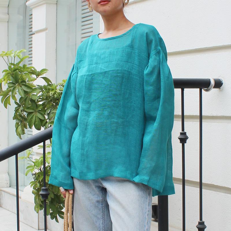 ◉季節のシフトコーデに◉ リネンガーゼ　シアーブラウス　エメラルド | 9枚目