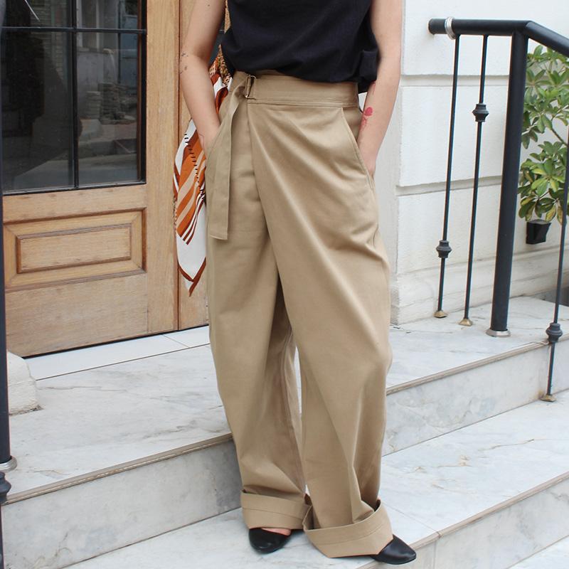 大人モード美脚パンツ◉ストレートラップパンツ　カーキベージュ | 3枚目