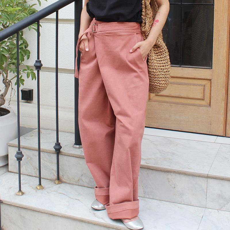 大人モード美脚パンツ◉ストレートラップパンツ　 くすみピンク