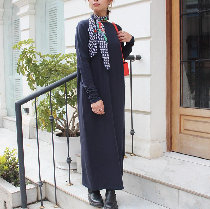 １枚で大人モード◉ ベーシックロングワンピース　ネイビー | 6枚目