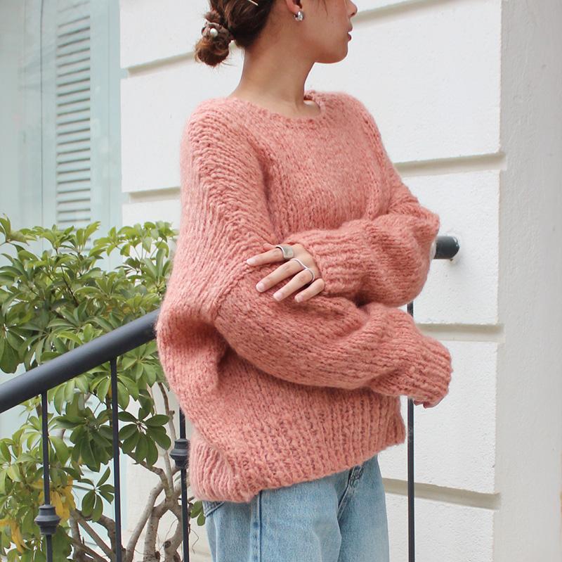 新色◉軽ふわ手編みニット◉モヘアショートセーター　ピーチ | 3枚目