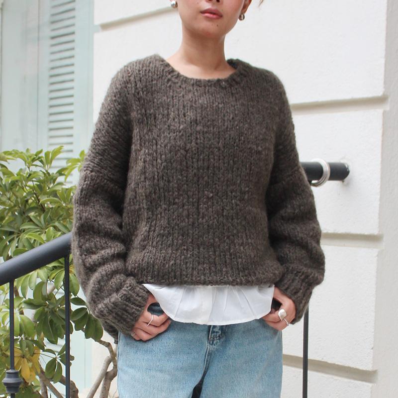 新色◉軽ふわ手編みニット◉モヘアショートセーター　グレイッシュブラウン | 2枚目