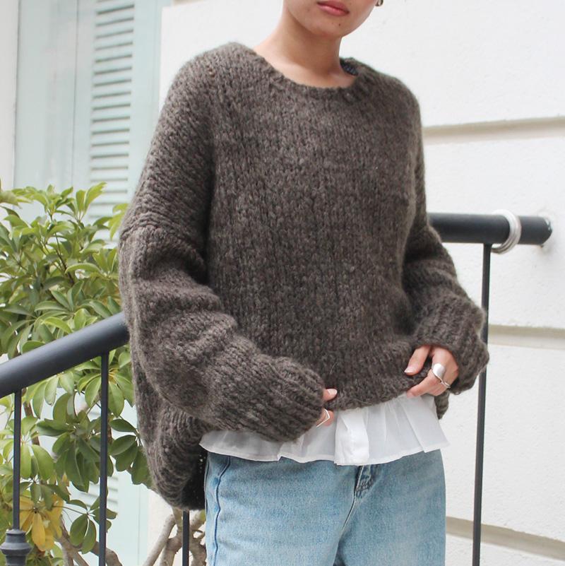 新色◉軽ふわ手編みニット◉モヘアショートセーター　グレイッシュブラウン | 3枚目