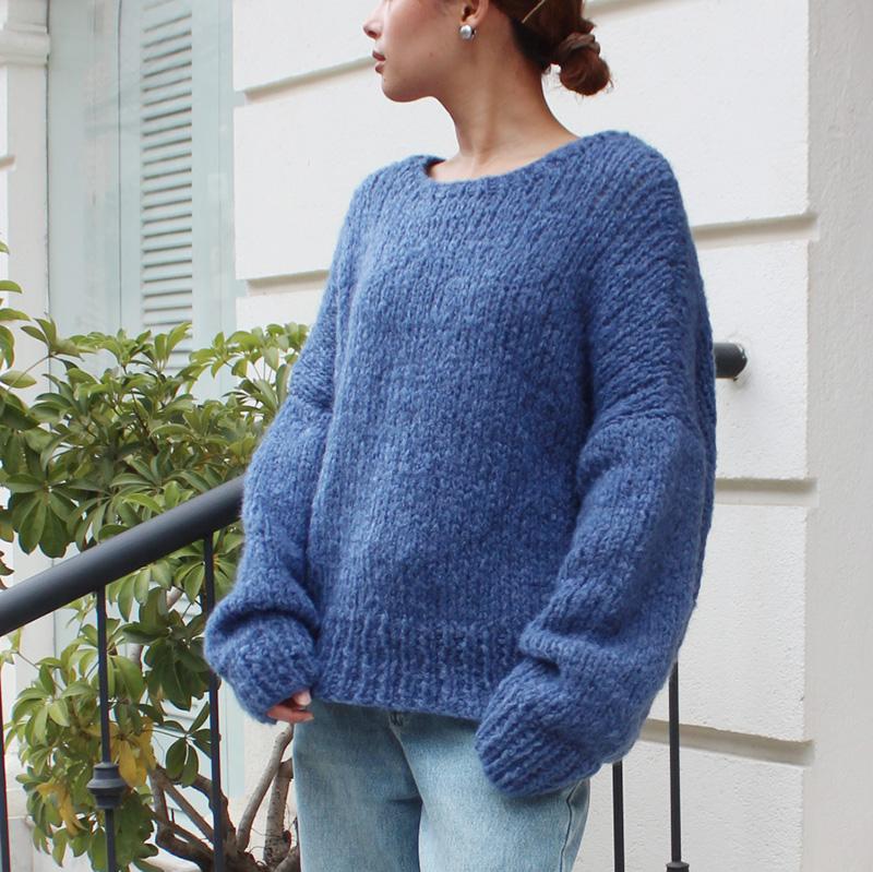 ◉軽ふわ手編みニット◉モヘアショートセーター　ブルー | 4枚目