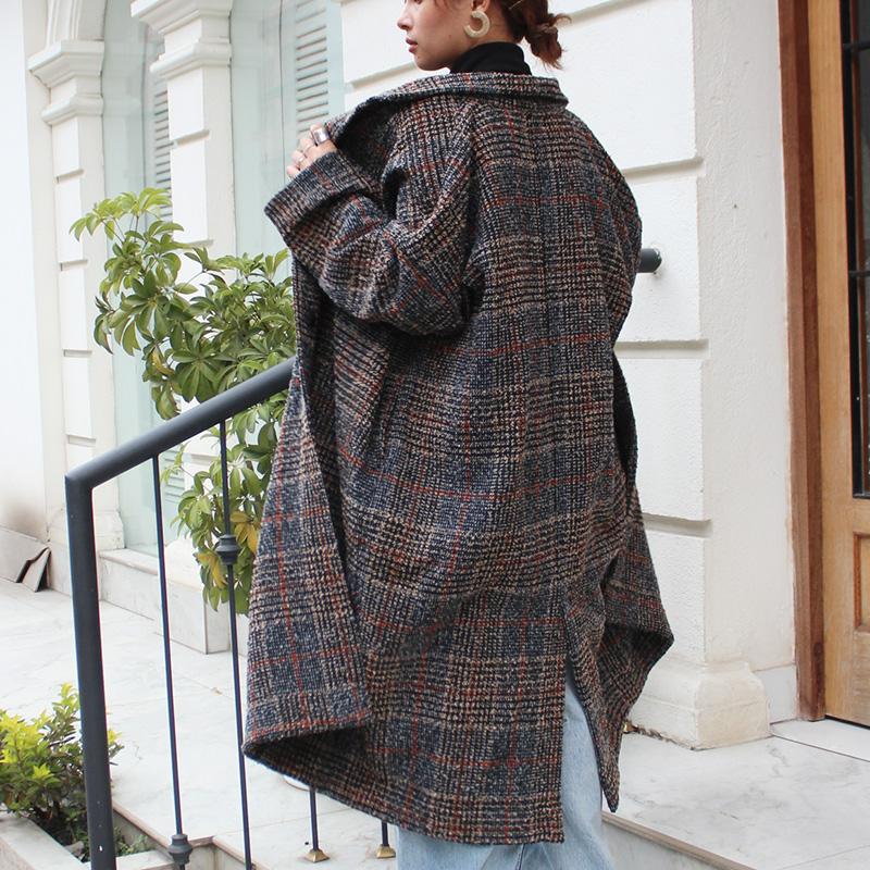 ほっこり冬素材◉ ウールオーバーコート　タータンチェック　ブラック | 5枚目