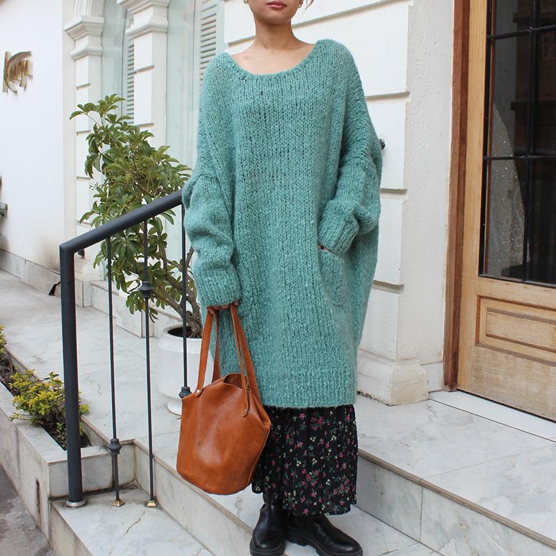 手編みざっくりモヘアロングセーター　ミント | 8枚目