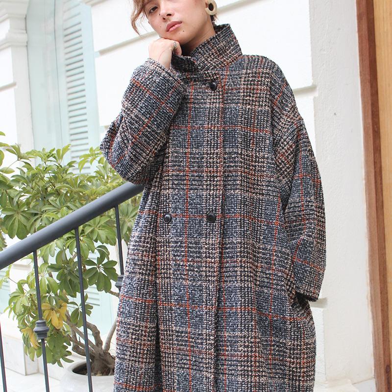 ほっこり冬素材◉ ウールチェスターコート　タータンチェック　ブラックベージュ