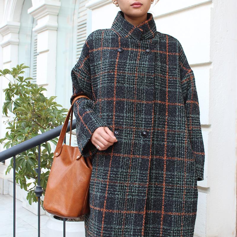 ほっこり冬素材◉ ウールチェスターコート　タータンチェック　ブラックエメラルド